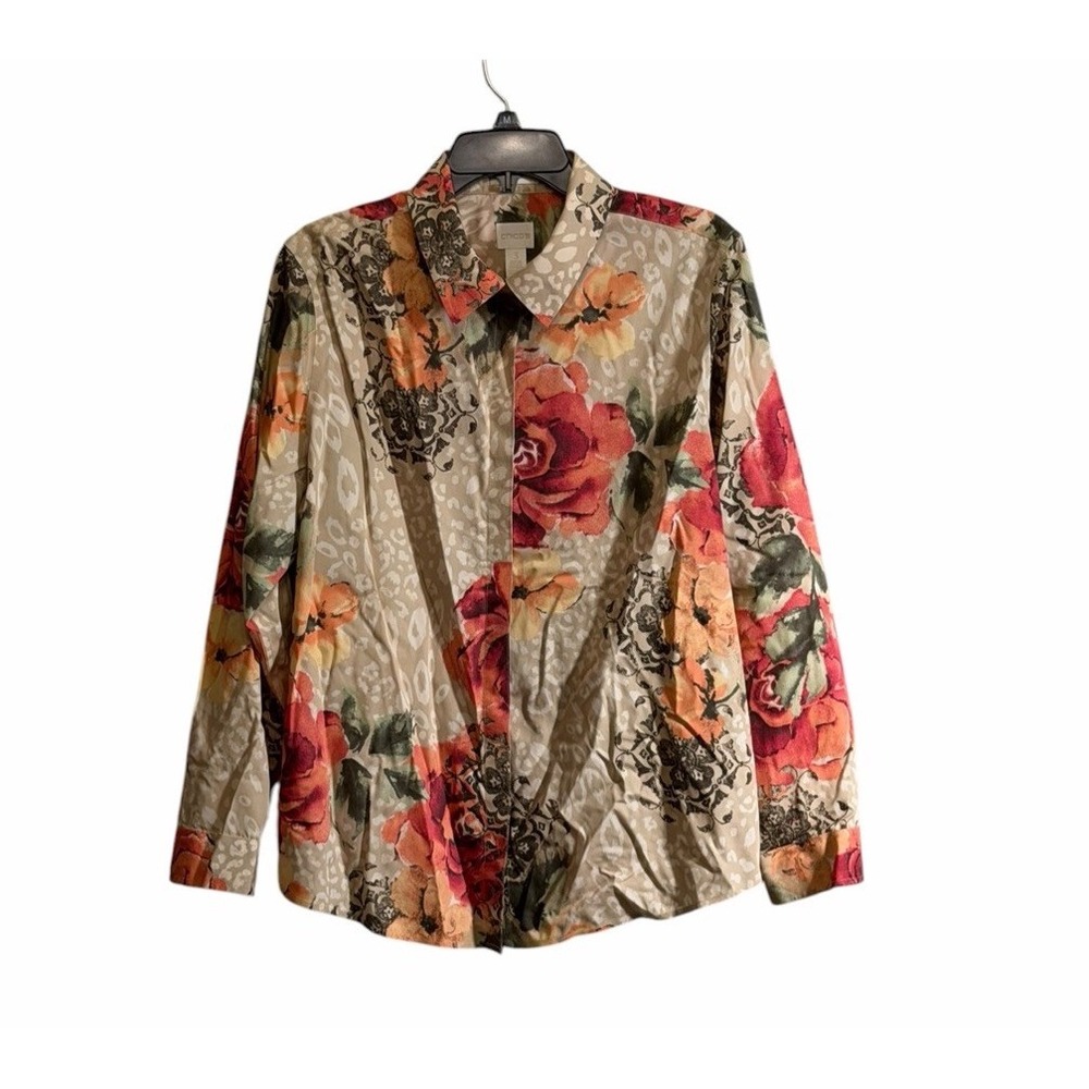Chicos Sz 3 XL Non Iron Floral Button Down Shirt Orange Multicolor Fall